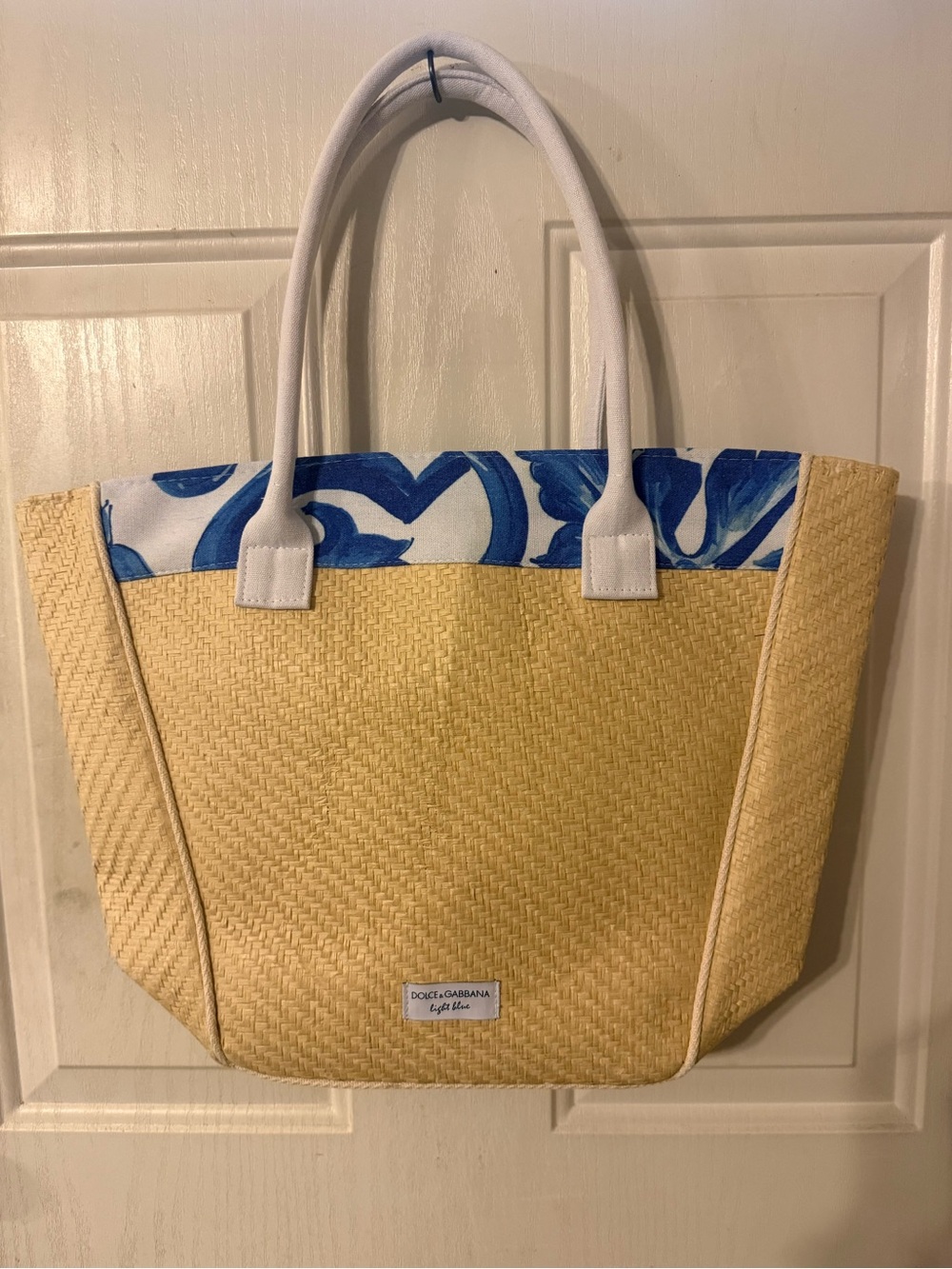 Dolce & Gabbana Yellow Straw Tote with Blue Floral Trim and White Handles